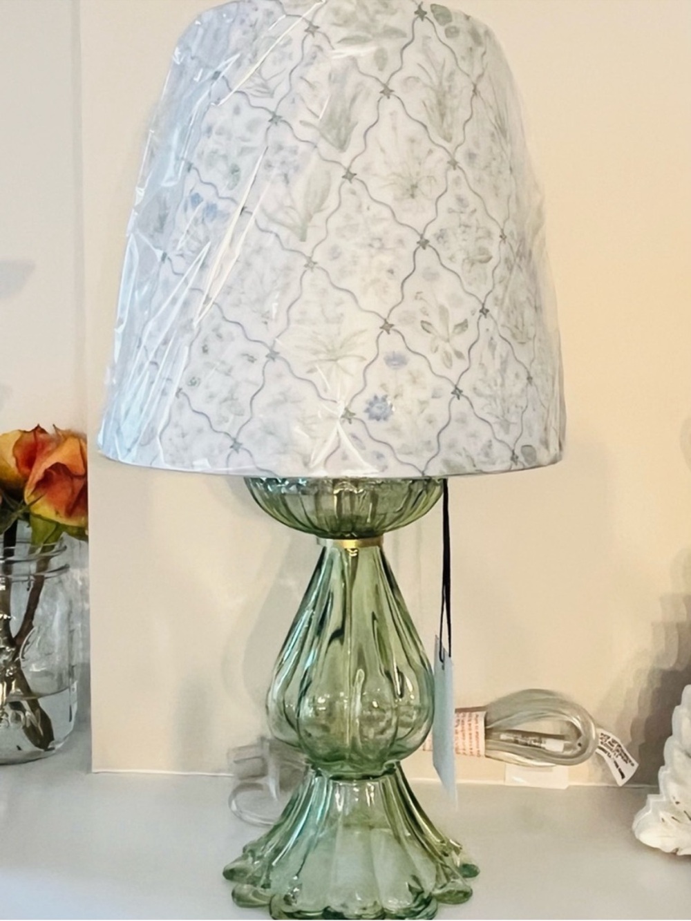 🆕-Soft Green Fluted Glass Table Lamp with Patterned White Shade
